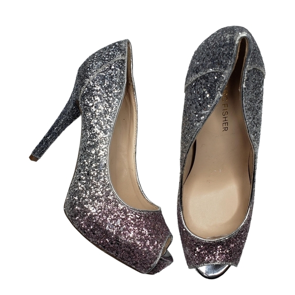 Marc Fisher | Harpy Silver Pink Ombre Glitter Peep Toe Platform Heels Women's 9 - Picture 1 of 13